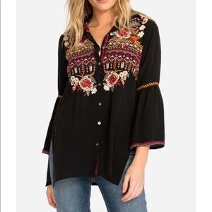 Johnny Was size Large Black Embroidered Silk Top NWT